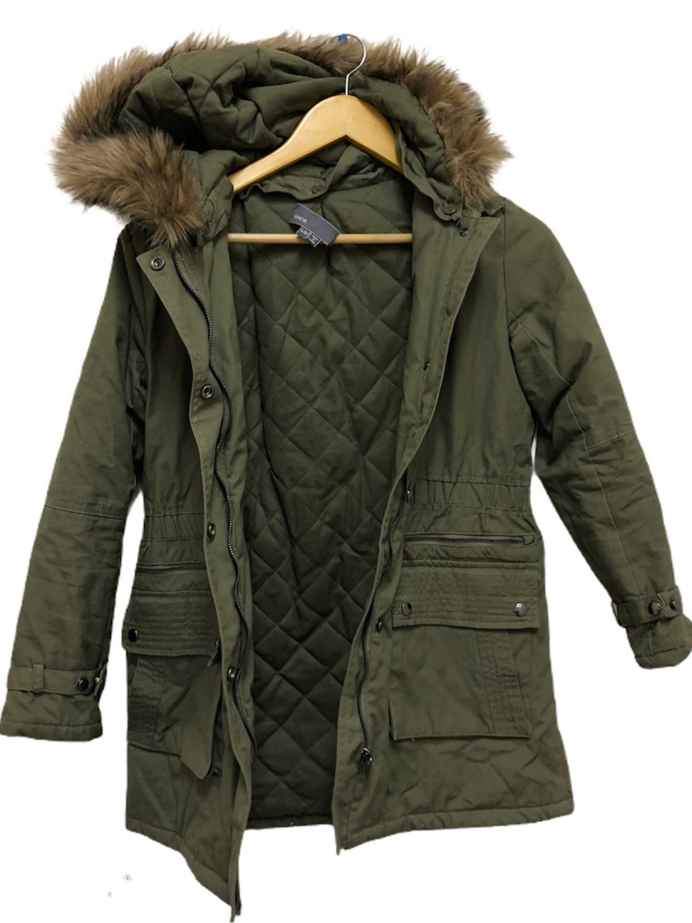 Vince Army Green Faux Fur Trim Hooded Parka Jacket Gorpcore Utility Winter Coat